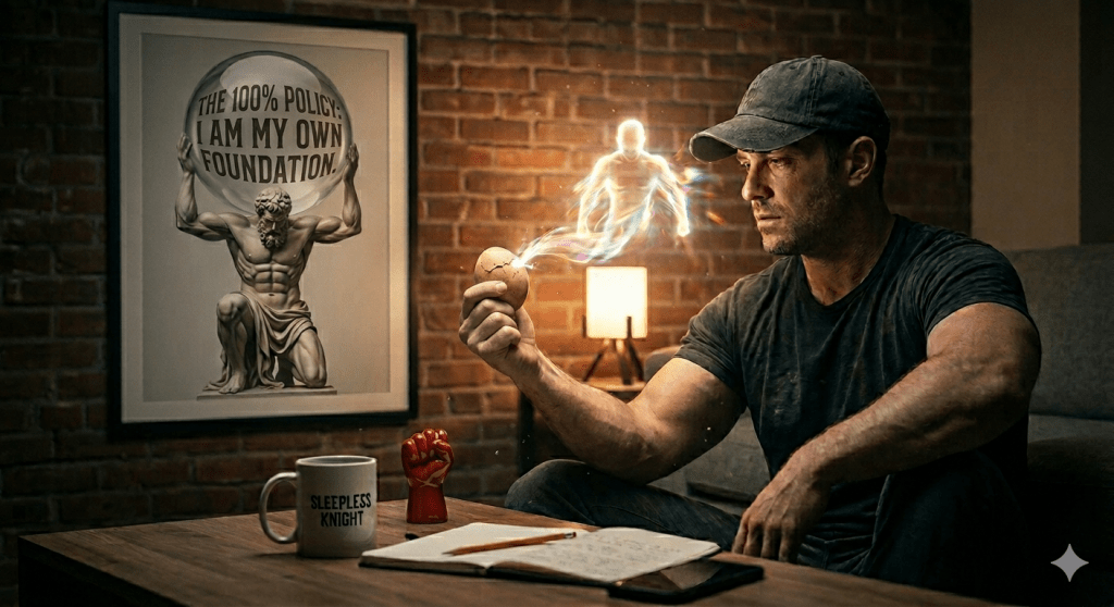 A moody, low-key photograph capturing a man in a baseball cap seated at a wooden desk in an industrial apartment. He holds a cracked egg with a standard, unpainted human hand, out of which a shining human figure made of prismatic light is emerging and spiraling upward. On the desk are a "Sleepless Knight" branded mug and a solid, polished red fist sculpture. The background is an exposed brick wall featuring a framed classical Atlas sculpture poster with the integrated text: "THE 100% POLICY: I AM MY OWN FOUNDATION."