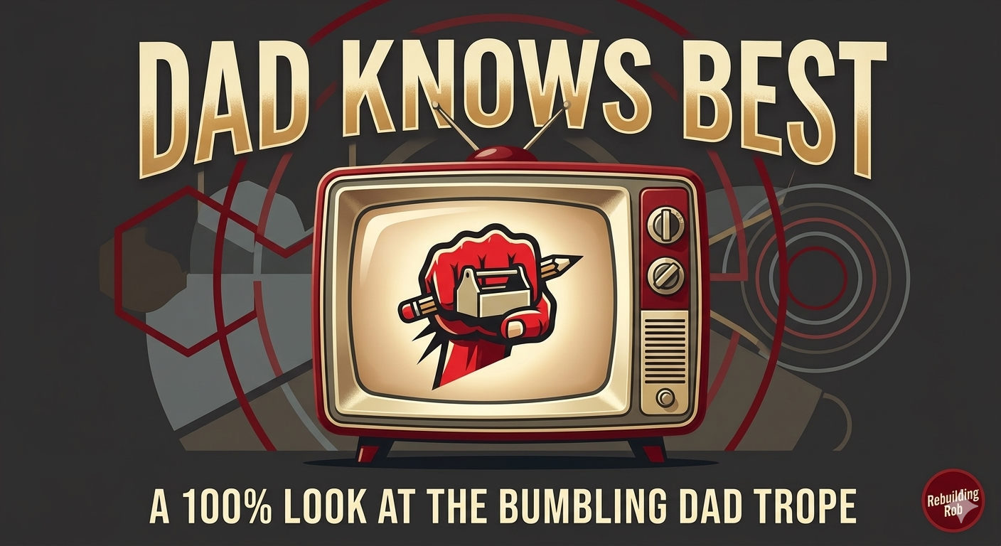 A retro 1950s style television graphic with the bold text "DAD KNOWS BEST" above it and "A 100% LOOK AT THE BUMBLING DAD TROPE" below it, representing an original cultural critique of media stereotypes.