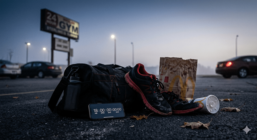 A dramatic, low-angle photograph taken at dawn. A black canvas gym bag sits on gritty asphalt, accompanied by a pair of worn black athletic sneakers. A smartphone in the foreground displays an active digital countdown timer set to "18 YRS: 00 MTHS: 00 DAYS: 00:00:00." Softly blurred in the background is a faded, crumpled fast-food paper bag with abstracted imagery, and a single, clear plastic cup. The light is cold, emphasizing the contrast between the tools for physical rebuild (gym bag/shoes) and the discarded convenience, set against the inescapable passage of time.