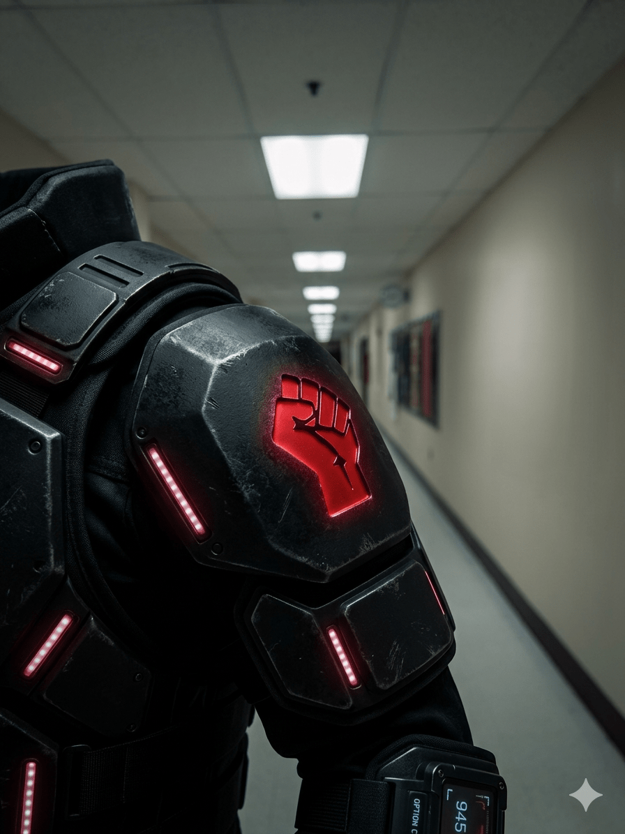 An atmospheric close-up of tactical, matte-black ballistic armor plating. Emerging from the moody darkness, the powerful Red Fist logo is embossed and softly glowing with red light, symbolizing resilience and the upgraded 'tactical Option C' OS in a 945-day personal journey