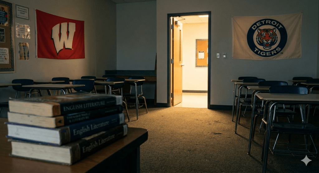 An open classroom door with bright light streaming into a quiet, dimmed room. Mid-ground walls are personalized with a red Wisconsin flag and a circular Detroit Tigers banner, symbolizing stability in a specific classroom.