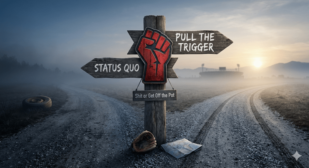A weathered wooden signpost at a misty crossroads during sunrise. One arrow points left toward "Status Quo" while the other points right toward "Pull the Trigger." A smaller wooden plaque hangs below reading "Shit or Get Off the Pot." A bold, red stylized fist emblem is prominently mounted on the center of the post. In the foreground, a baseball glove and a folded map sit on the gravel road, with a baseball stadium visible in the distance through the fog.
