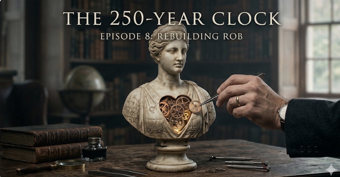 A cinematic, dark academia-style image featuring a classical marble bust of a woman resembling Lady Liberty, resting on a weathered wooden desk in a dimly lit library. The statue has a heart-shaped opening in its chest, revealing intricate, glowing brass clockwork gears and sprockets; one gear is etched with the year "1776." A man’s hand in a dark suit is shown in the foreground, using a delicate pair of tweezers to perform maintenance on the internal mechanism. Surrounding the bust are vintage leather-bound books, a magnifying glass, and watchmaker’s tools. The title "THE 250-YEAR CLOCK" is displayed in elegant serif typography at the top.