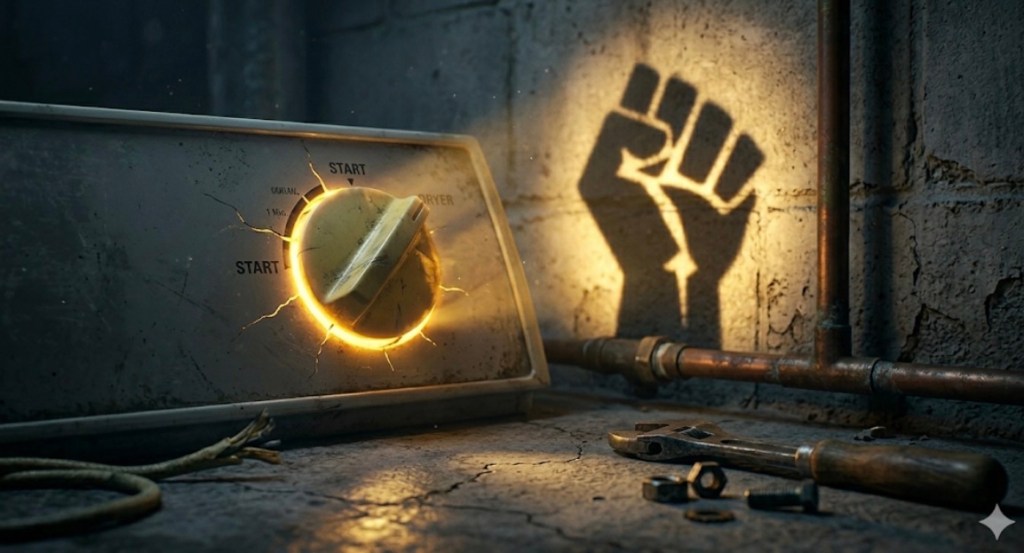 A cinematic, close-up photograph set in a shadowy, gritty basement. The focus is on the vintage, mechanical dial of an old gas clothes dryer. The yellowed, scratched plastic dial is positioned decisively at "START." An intense, pulsating, warm golden light, matching the internal glow from the primary featured image (image_0.png), radiates out from behind the edges of the worn dial. This strong, warm light casts a distinct, hard-edged shadow of a stylized "Red Fist" (resembling the fist from image_0.png's context) onto the rough, spalled concrete block wall behind it. The surrounding environment is dark, textured, and industrial, showing old copper pipes and miscellaneous watchmaker's tools and hardware on the floor. Dust motes catch the light, emphasizing a cool and damp atmosphere. There is no text overlay.