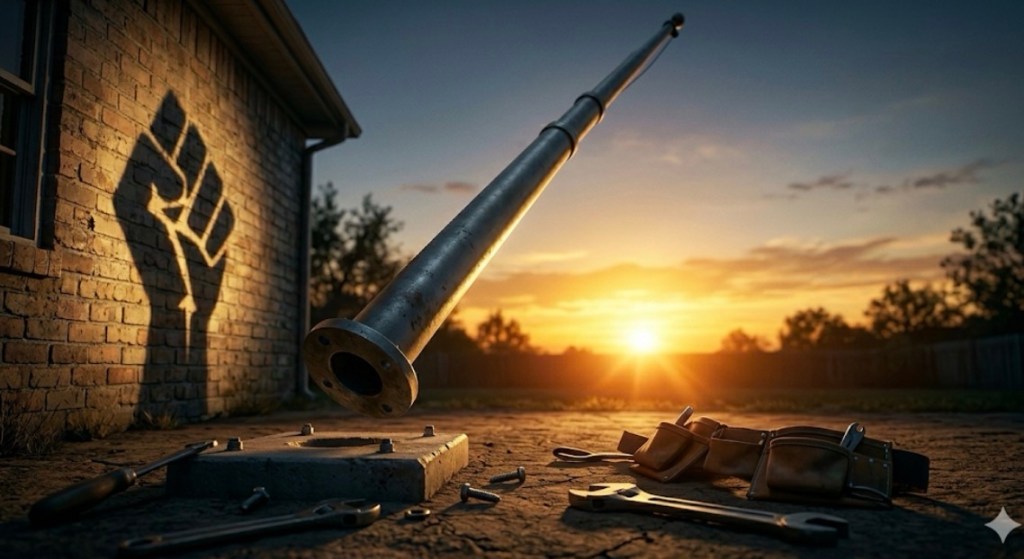 A cinematic, low-angle photograph set in a gritty, textured residential backyard at twilight. The perspective looks up from the ground toward a dramatic, wide-open horizon, preserving the deep shadows and warm, low-light aesthetic seen in image_0.png and image_2.png. The base of a massive, heavy-duty metal flagpole is visibly lifting, cleanly unbolted, and tilting away from the concrete footing as it falls, leaving a clear view of the twilight sky. On the textured brick wall of a nearby house, the powerful golden-orange sunset light, matching the internal clockwork and dryer dial glows, casts a hard-edged, distinct shadow of a stylized "Red Fist" (resembling the fist from image_0.png and image_2.png's context). The Red Fist shadow is perfectly clear, morphing with the pole's falling form. The background is a wide, unobstructed view of the twilight horizon and silhouetted trees, completely clear where the pole once stood. Empty tool belts, large industrial wrenches, and unbolted screws are scattered on the dry, cracked earth near the empty concrete footing. The atmosphere is one of profound relief and clear, open space. The Red Fist shadow is the sharpest element in the frame. There is no text overlay.