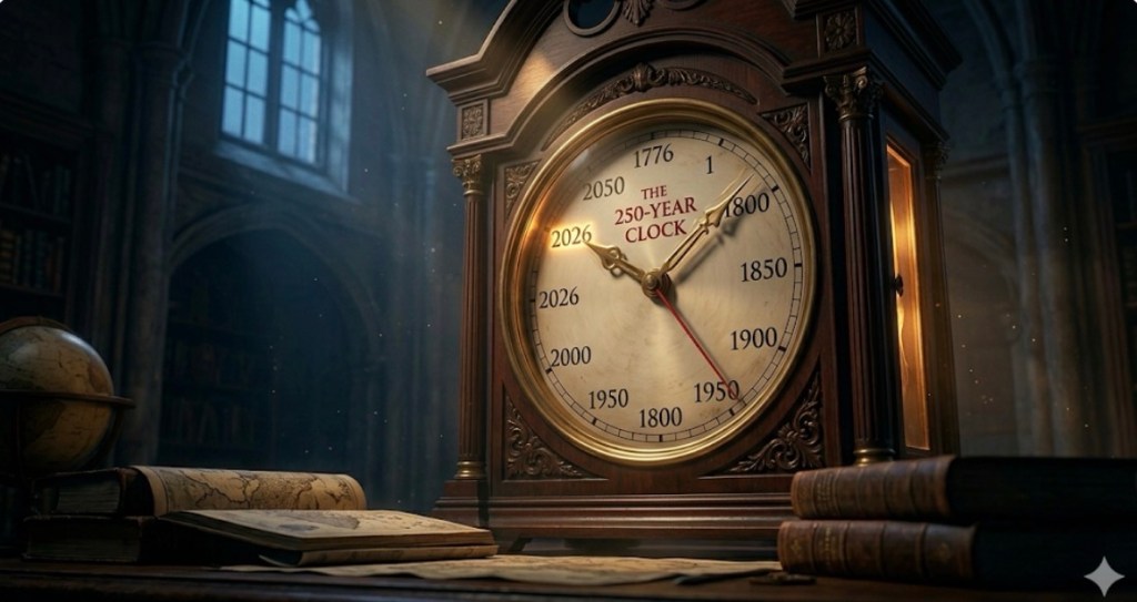 A cinematic, low-angle photograph set in a vast, dusty Gothic library at twilight, capturing the monumental, ancient grandfather clock established in the initial "Dark Academia" aesthetic (image_0.png). The clock, constructed of dark mahogany and aged brass, dominates the frame, standing in a shadowy alcove. Its face is unique; instead of numbers 1–12, it features significant historical years: 1776, 1800, 1850, 1900, 1950, 2000, 2026, and 2050. The main hour hand, also made of matching brass (similar to the metals in image_0.png), is vibrating intensely, positioned precisely between the "2026" mark—which emits a faint, internal golden glow—and a red-etched label reading "THE 250-YEAR CLOCK." Warm golden light leaks from the seams of the clock's cabinet, contrasting with the deep cool blue twilight filtering from a high window. The surrounding desk holds stacked leather-bound books and ancient maps, casting deep shadows. Dust motes hang visibly in the air. The atmosphere is solemn, tense, and deeply historical.