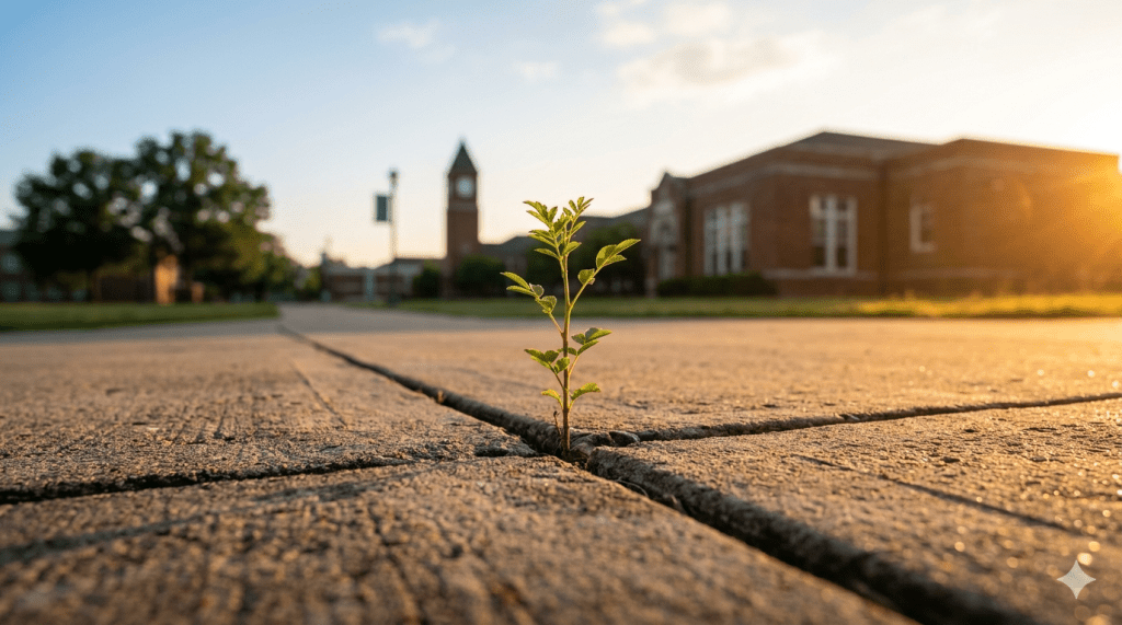 A close-up of a small, resilient green plant growing independently out of a crack in a gray sidewalk. The background shows the blurred silhouette of school architecture under a bright, rising sun, symbolizing growth and finding one's own path.