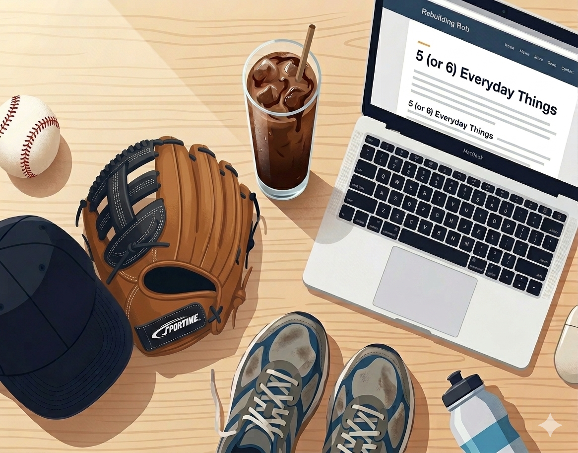 A vibrant flat-lay illustration on a light wooden surface, featuring the exact arrangement of the iced mocha, laptop showing the "Rebuilding Rob" blog, mouse, running shoes, and water bottle seen in image_7.png. The dark blue cap and baseball are visible, alongside a single baseball glove that accurately reflects Rob's left-handedness. This glove is structurally flipped (worn on the right hand), showing the thumb and webbing section on the right side of the glove structure.