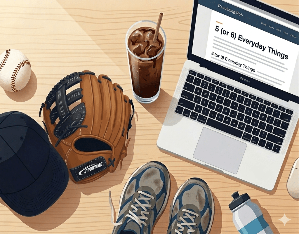 A vibrant flat-lay illustration on a light wooden surface, featuring the exact arrangement of the iced mocha, laptop showing the "Rebuilding Rob" blog, mouse, running shoes, and water bottle seen in image_7.png. The dark blue cap and baseball are visible, alongside a single baseball glove that accurately reflects Rob's left-handedness. This glove is structurally flipped (worn on the right hand), showing the thumb and webbing section on the right side of the glove structure.