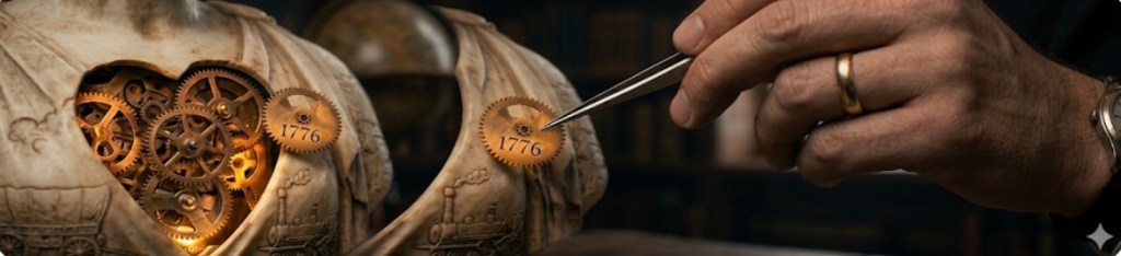 A panoramic, extreme-widescreen banner (image_16.png), strictly visual and text-free, adapting the scene from image_15.png. The setting is a grand, dimly lit scholarly library with tall bookshelves, a large wooden desk, and a globe, matching the environment from image_15.png. The perspective is a very wide shot of the complete classical marble bust resembling Lady Liberty (as seen in image_15.png), resting on the desk. The bust clearly shows the heart-shaped cavity cut into its chest, revealing the complex, glowing brass clockwork mechanism and the 1776 sprocket, radiating that warm, internal golden light. In the right half of the panoramic frame, a significant portion of the male historian's hand (with the gold wedding band and the specific watch from image_15.png) enters in profile. The hand holds the delicate tweezers (also seen in image_15.png). The tweezers extend from the far right across the wide space, with their tips making precise contact with one of the smallest gears inside the statue's heart, mid-adjustment, bridging the immense horizontal distance. The background library dissolves into soft, deep shadows, emphasizing the focused work. There is no text overlay, titles, or watermarks. The lighting is moody and warm, highlighting the contrast between the worn marble and the intricate, glowing internal machinery, matching the 'dark academia' tone of image_15.png and image_2.png.