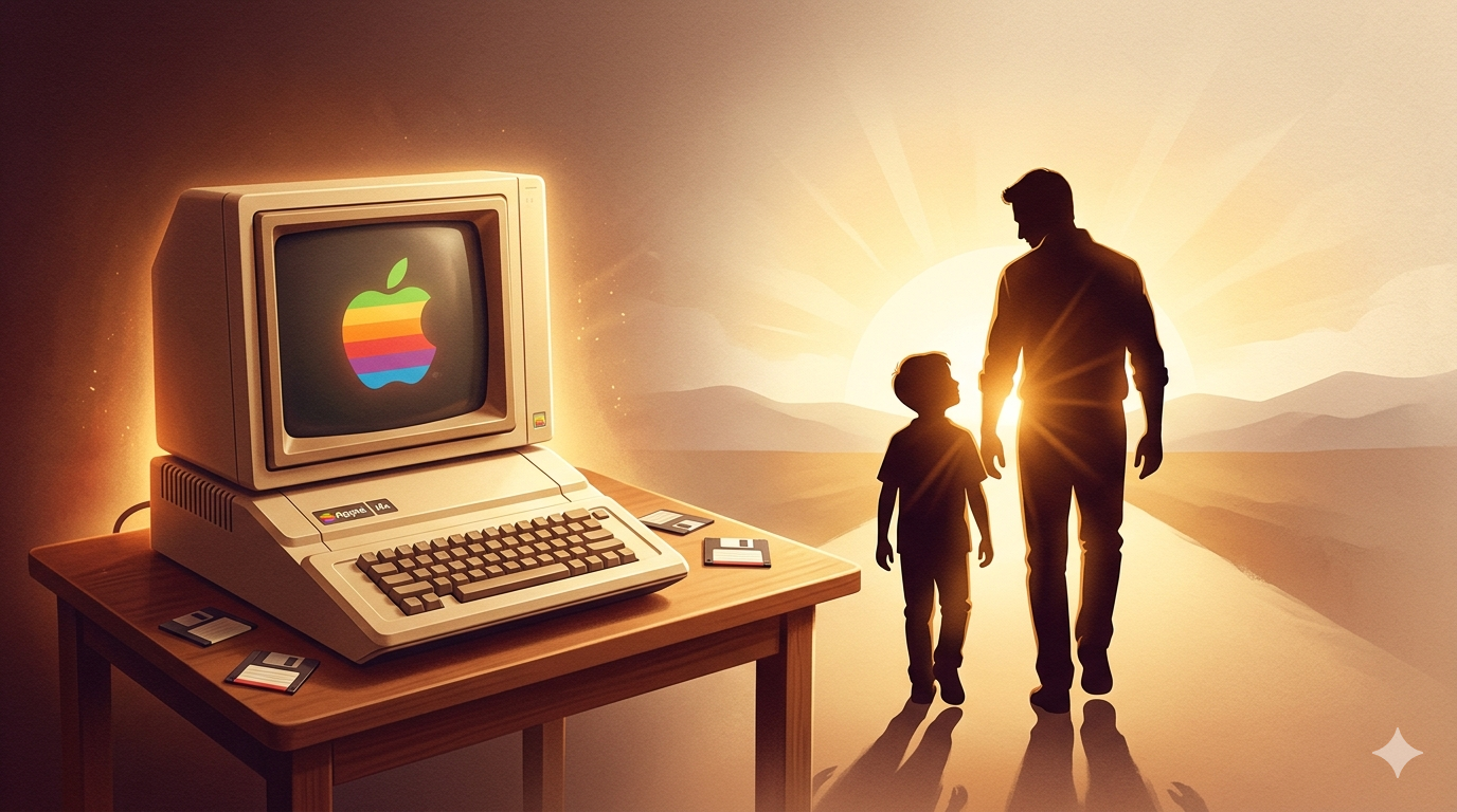 A digital composition featuring a vintage personal computer on the left and a symbolic silhouette of a father and son walking toward a rising sun on the right, representing the blend of lighthearted nostalgia and deep life lessons.