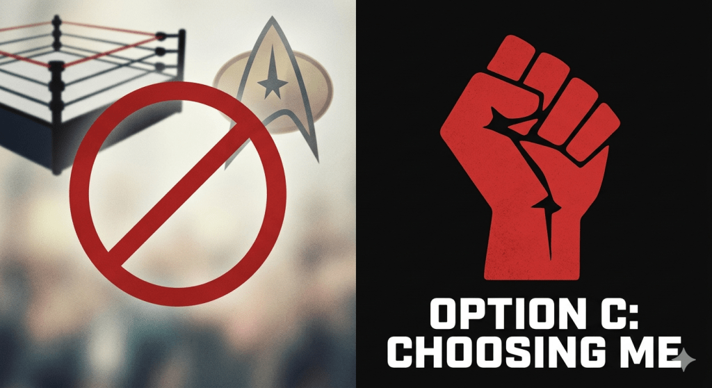 A conceptual digital graphic featuring a bold red fist logo on the right. On the left, a blurred background shows a professional wrestling ring and the Star Trek delta symbol. A "No Entry" sign is overlaid in the center, symbolizing a firm boundary.