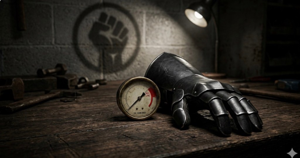 A high-contrast photo of a heavy steel gauntlet resting on a dark, scratched workbench in a moody workshop. Next to it, a pressure gauge needle is pinned just into the red zone. The scene symbolizes setting down 'Teacher Armor' and recognizing one’s personal breaking point.