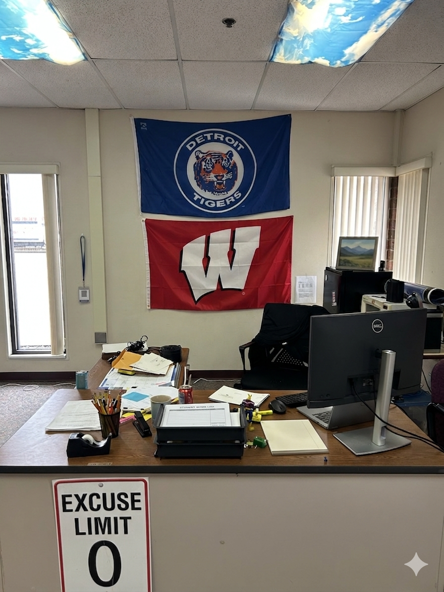 A photorealistic view of a teacher's desk in an office or classroom. On the wall behind the desk, a Detroit Tigers flag hangs above a red Wisconsin 'W' flag. The desk is cluttered with a computer monitor, pencils, and papers, with a sign in the foreground that reads "Excuse Limit 0." The ceiling features light panels with blue sky and cloud filters.