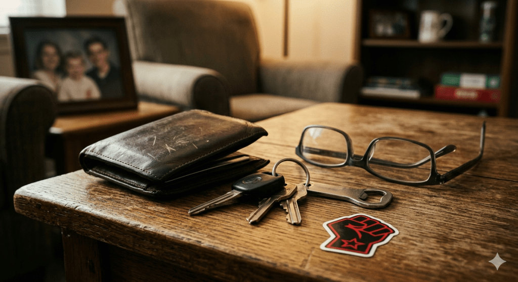 A close-up, high-contrast photo of a set of car keys and a leather wallet on a rustic wooden surface. In the corner, a small sticker featuring a red fist logo is visible. The lighting is warm but focused, creating a reflective and slightly heavy atmosphere.