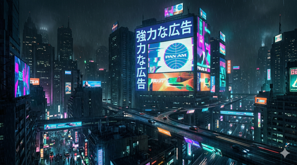 A dark, rain-streaked cityscape of a futuristic metropolis at night. Massive, black skyscrapers are illuminated by a dense cluster of vibrant neon lights and enormous, slightly glitching digital billboards showing Japanese text and stylized advertisements (including a vintage 'Pan Am' logo). Elevated highways filled with streaks of flying traffic cut through the canyon-like urban landscape.
