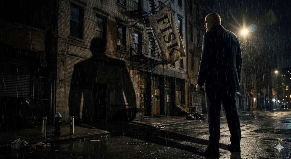 Conceptual photograph capturing the tone of Daredevil: Born Again S2, Ep6, featuring an archetypal Kingpin figure in a shadowed NYC street at night with a FISK flag hanging in the background