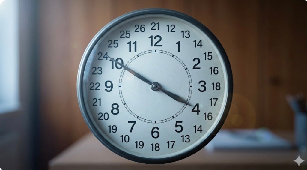 A minimalist, analog wall clock with a circular white face against a blurred morning background. The clock features unusual numbering, displaying 26 markers (1-26) instead of the traditional 12, symbolizing the Bajoran Work Week. The clock hands are positioned at 4:00 PM (16:00), the moment of a teacher's post-work decompression. Soft, cool morning light illuminates the unique dial.