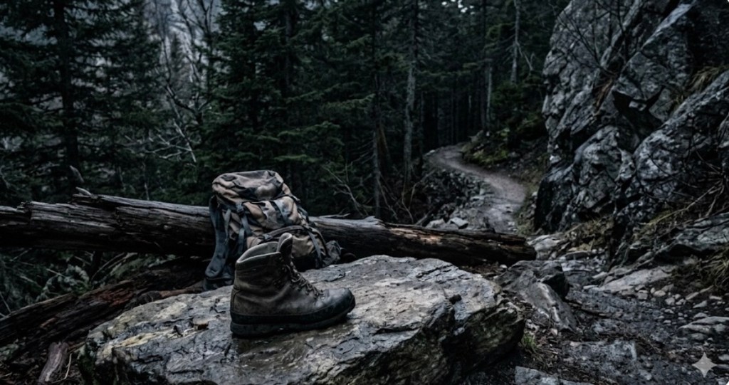 A worn hiking boot and an abandoned backpack sit alone on a rocky, desolate wilderness trail at dusk, symbolizing abandonment in an "Alpine Divorce."