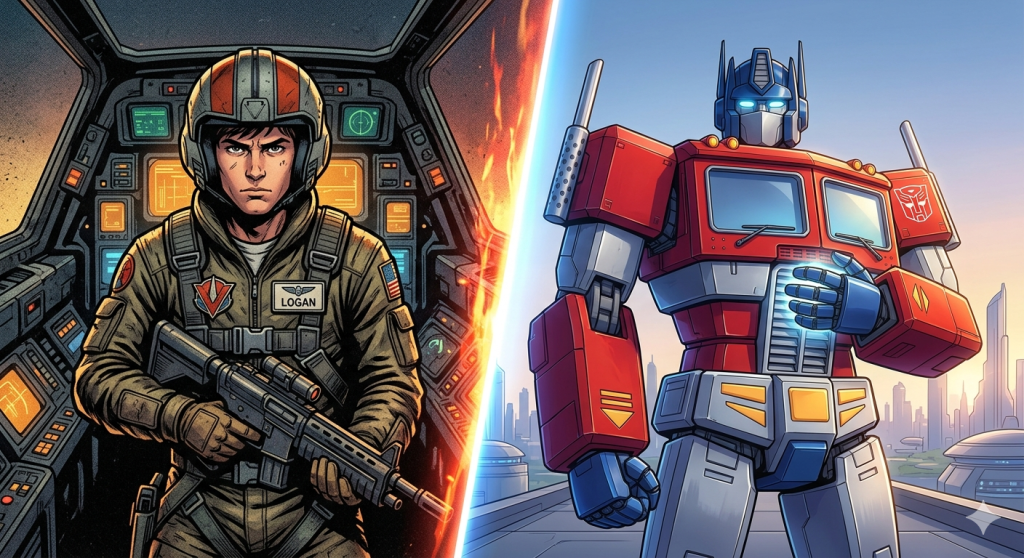 A split-screen illustration showing a determined 1980s fighter pilot on the left and the stoic, heroic face of a red and blue robot leader on the right. The image represents the evolution from youthful aggression to mature, gentle strength.