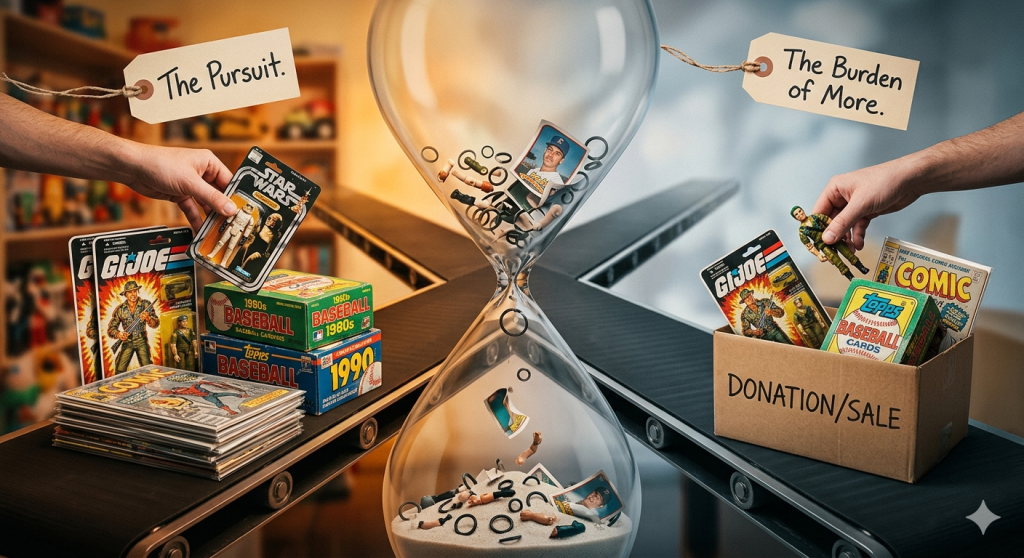 A conceptual photograph split down the middle by a large hourglass. The left side represents "The Pursuit" of collecting, showing pristine vintage G.I. Joe action figures, packed boxes of baseball cards, and comic books being actively accumulated. The right side represents "The Burden of More," featuring the same hand struggling to fit loose, aged collectibles, including a decaying action figure, into a crowded storage box labeled "DONATION/SALE." The sand in the central hourglass is replaced by dozens of small, rotted black rubber O-rings, broken plastic figure limbs, and crumbled baseball card corners, symbolizing decay over time.