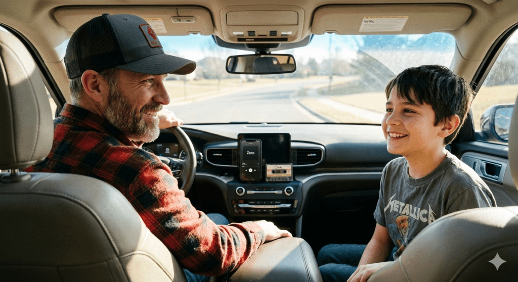A candid, sunny photograph captured from the back seat of an American LHD (left-hand drive) car. On the left side of the frame, seated in the driver's seat, is the father (Rob, wearing a grey Red Fist hat), smiling contentedly. On the right side of the frame, in the front passenger seat, sits his tween son (Kid 2, wearing a gray t-shirt), beaming as he looks toward his dad. The central rearview mirror is prominently empty, symbolizing the end of "connecting through glass." A small phone holder on the dash shows a playlist icon, subtly referencing "0 and 1." The light is warm and inviting, emphasizing their connection.