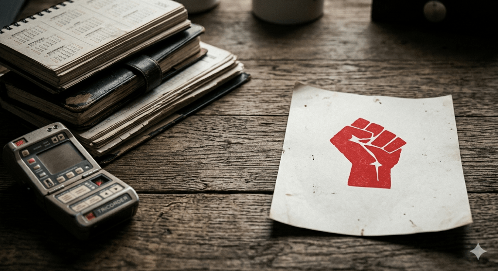 A moody, close-up photograph of a dark wooden desk. On the left, a stack of organized planners and a retro sci-fi device represent structure. On the right, a single sheet of paper features a red fist logo, symbolizing a shift toward action. The lighting is dramatic, emphasizing a "no glitz, just the work" atmosphere.