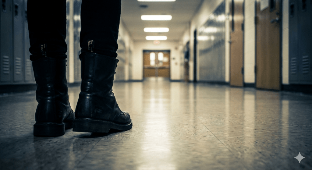 A moody, high-contrast photograph captured from a first-person perspective, looking down at a pair of dark, slightly worn boots walking on the polished linoleum floor of a quiet school hallway. The background of the corridor is softly blurred, emphasizing a feeling of isolation and internal reflection.