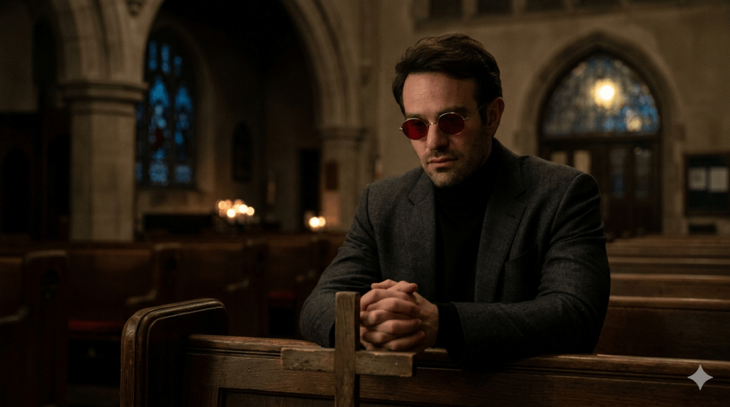 A candid, low-light photograph focused on Matt Murdock (actor Charlie Cox), recognizable by his red-tinted glasses. He sits alone and somber in a dark wooden church pew, hands clasped, resting near a small wooden cross attached to the bench. His face shows deep contemplation. The background is a deeply shadowed, traditional church interior with blurred candles.