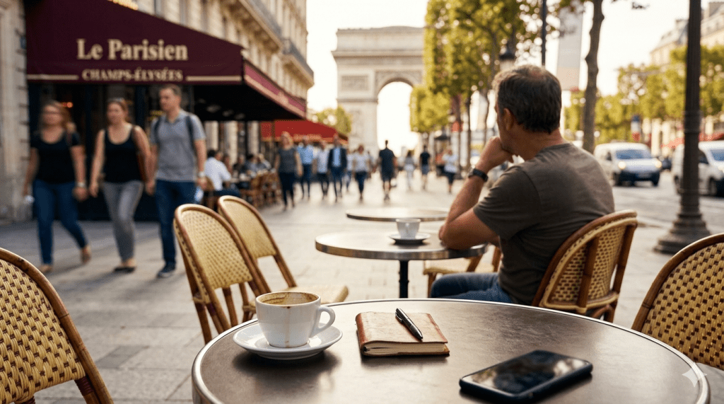 A serene POV shot from an outdoor Parisian café table on the Champs-Élysées. An espresso cup rests next to an out-of-focus smartphone, capturing the essence of disconnecting from technology to people-watch in Paris. The Arc de Triomphe is visible in the distance under warm afternoon light.