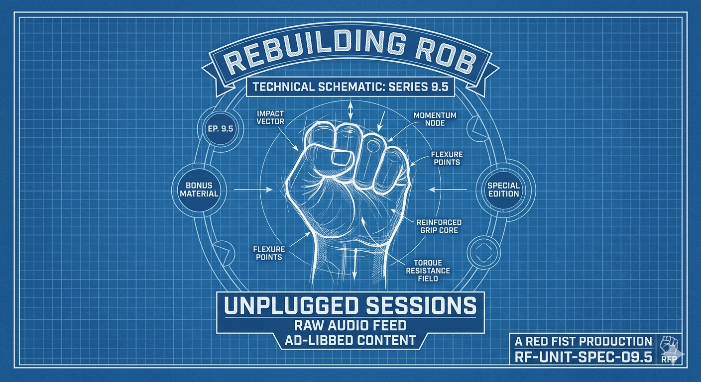 A monochromatic blueprint schematic on a dark blue background featuring a technical sketch of the 'Red Fist' logo in the center. The surrounding text, in a precise blueprint font, reads 'REBUILDING ROB' (Top), 'EP. 9.5' (Right), 'BONUS MATERIAL' (Left), and 'A RED FIST PRODUCTION' with a technical serial number (Bottom).