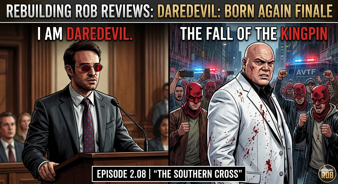A split-screen image for "Rebuilding Rob." On the left, Matt Murdock stands at a courtroom podium. On the right, Wilson Fisk’s iconic white suit is splattered with blood. The background shows a crowd of people in red Daredevil masks on a New York City street.