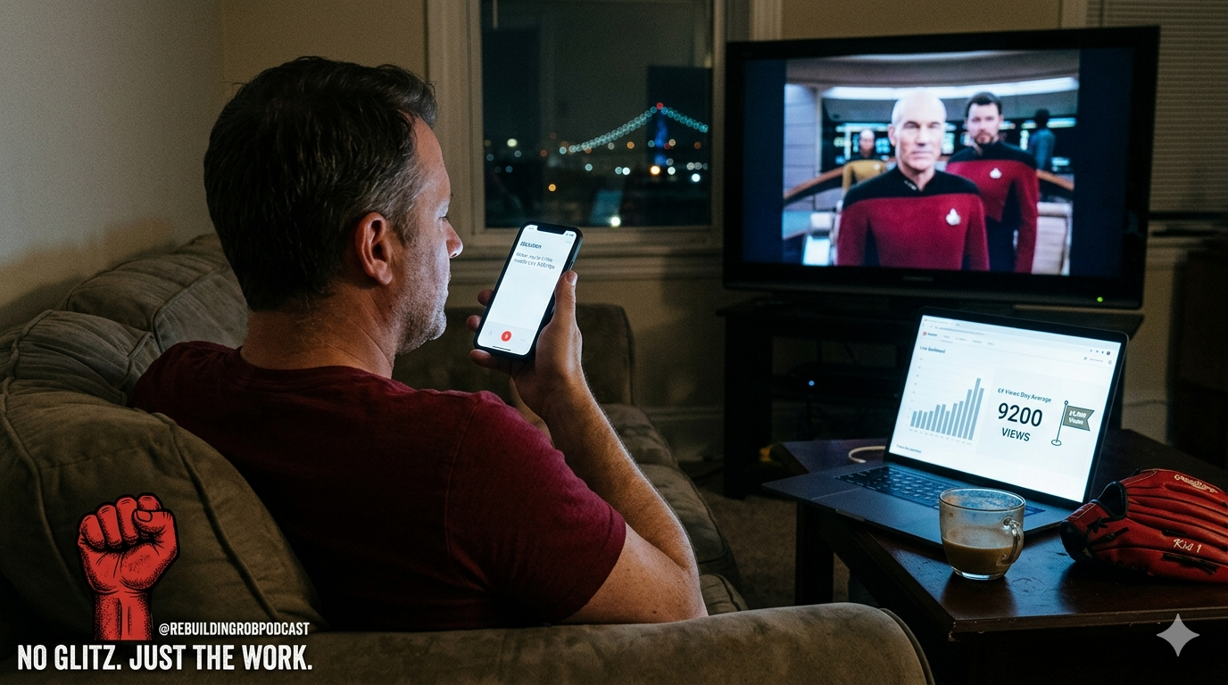 A candid, low-light photograph capturing the creator, Rob, voice-dictating into his smartphone while relaxing on his couch. In the background, a flat-screen TV shows a scene from Star Trek: The Next Generation. To his side, a laptop displays a dashboard with bar graphs and a bold text overlay reading "9200 VIEWS" and "69 VIEWS/DAY AVERAGE," illustrating his 25,000-view annual goal tracking. The red "@REBUILDINGROBPODCAST" fist logo and the slogan "NO GLITZ. JUST THE WORK." are cleanly displayed in the bottom-left corner against the muted background.