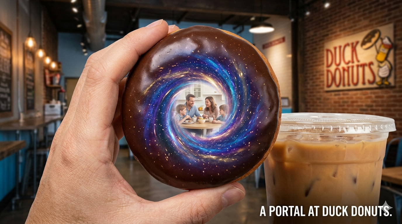 A cinematic close-up photograph of a left hand (belonging to Rob, a professional teacher from Metro Detroit in his early 50s) holding a chocolate glazed donut from Duck Donuts and a clear plastic cup with iced coffee. The donut's center hole is a swirling, psychedelic, and cosmic multiverse portal, glowing with blue, purple, and gold light. Inside the portal is a hazy memory or alternate reality view of a happy family—a co-parenting scene of Rob, Ex 1, and Kids 1 & 2 smiling together at a dining table. The familiar, slightly out-of-focus background of the Duck Donuts interior is visible. Text in a small comic-book style caption box at the bottom right corner reads: 'A PORTAL AT DUCK DONUTS.'