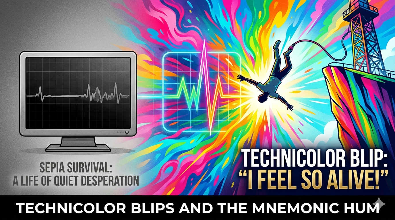A split-screen illustrative image. The left side, representing “survival,” is monochrome (sepia tones), showing a vintage medical heart rate monitor flatlining with only tiny, gray ripples labeled "Mnemonic Hum." Below it, the text reads: "SEPIA SURVIVAL: A LIFE OF QUIET DESPERATION." The right side, representing “feeling alive,” erupts in a chaotic burst of extreme, swirling Technicolor colors radiating outwards like an adrenaline spike. A silhouette of a person (Rob) is caught mid-air, bungee jumping upside down from a tower cliff, cord fully extended, labeled "TECHNICOLOR BLIP: 'I FEEL SO ALIVE!'". The entire image is titled: "TECHNICOLOR BLIPS AND THE MNEMONIC HUM."