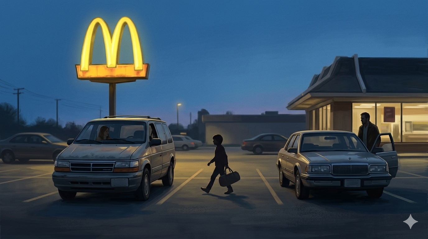 A twilight photograph styled as a stylized digital painting. Two vintage cars from the 1990s are parked facing each other in a McDonald's parking lot. The central point of the image is the bright McDonald's golden arches sign. The silhouette of a child is walking between the two cars, representing the "exchange." The lighting is soft and melancholic, with the yellow of the sign contrasting with the blue twilight. The entire composition has a sense of routine and quiet distance.