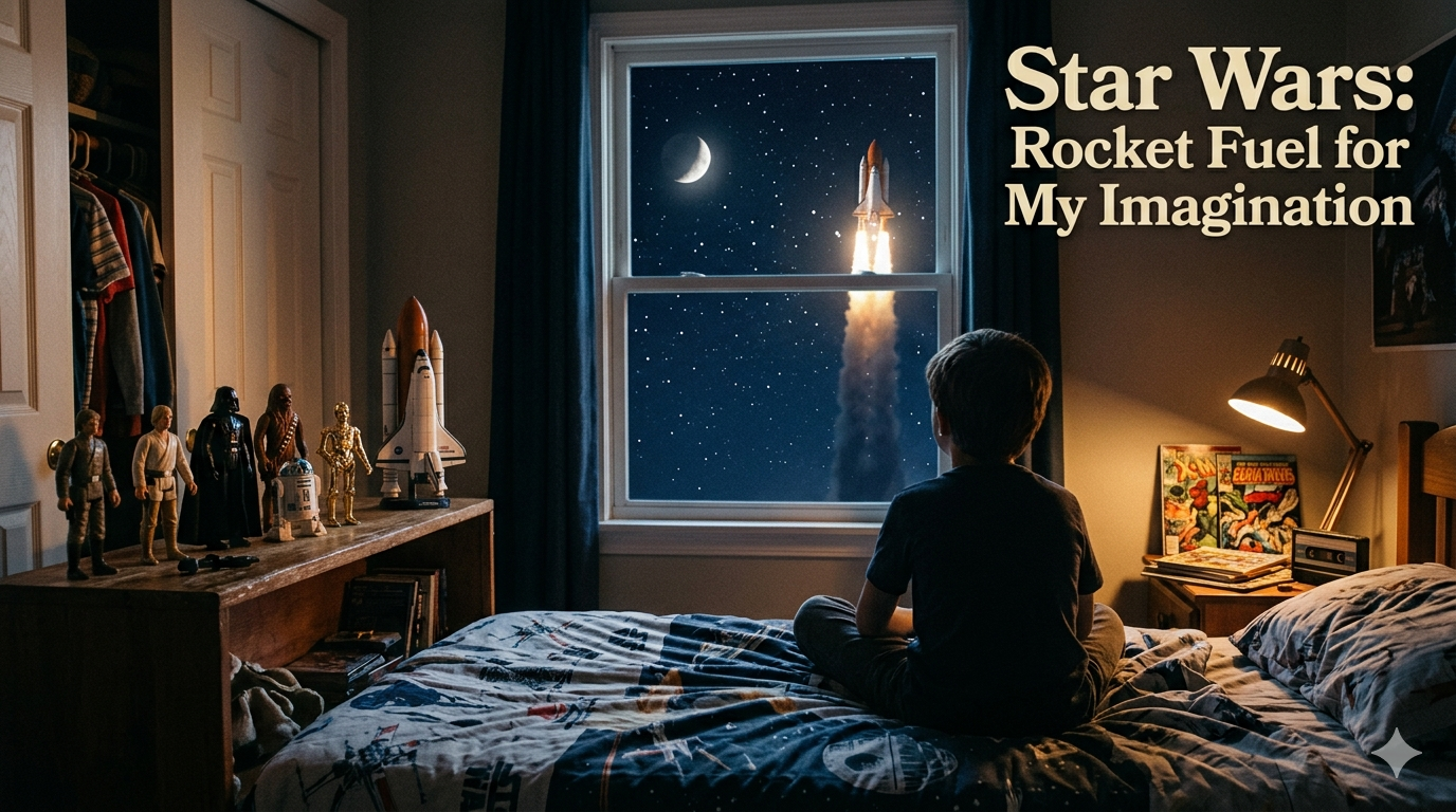 A cinematic, nostalgic photo of a young boy sitting on his bed in a dimly lit 1980s-style bedroom. He is looking out of a window at a NASA space shuttle launching into a starry night sky. On a wooden dresser next to him, several vintage 1980s Star Wars-style action figures and a toy shuttle are neatly arranged. The room is filled with period-accurate details, including a cassette tape and retro comics on the nightstand. The title "Star Wars: Rocket Fuel for My Imagination" is displayed in the upper right corner in a classic serif font.