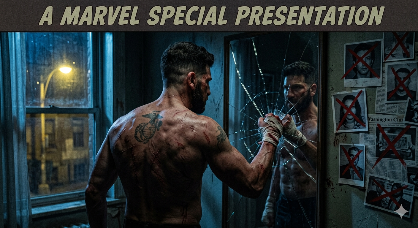 A gritty, cinematic wide-angle shot of a muscular man (Frank Castle) from behind in a dimly lit, dark apartment. He is shirtless, revealing a heavily scarred back and a Marine Corps globe and anchor tattoo on his left shoulder blade. His right hand, wrapped in bloody white bandages, is pressed against a large, spiderweb-cracked mirror reflecting his grim expression. To the right, a "hit wall" is covered in newspaper clippings and photos of targets, each marked with a bold red "X". A window on the left shows a dark city street at night illuminated by a single yellow streetlamp. At the top, a banner reads "A MARVEL SPECIAL PRESENTATION" in a retro, textured font.