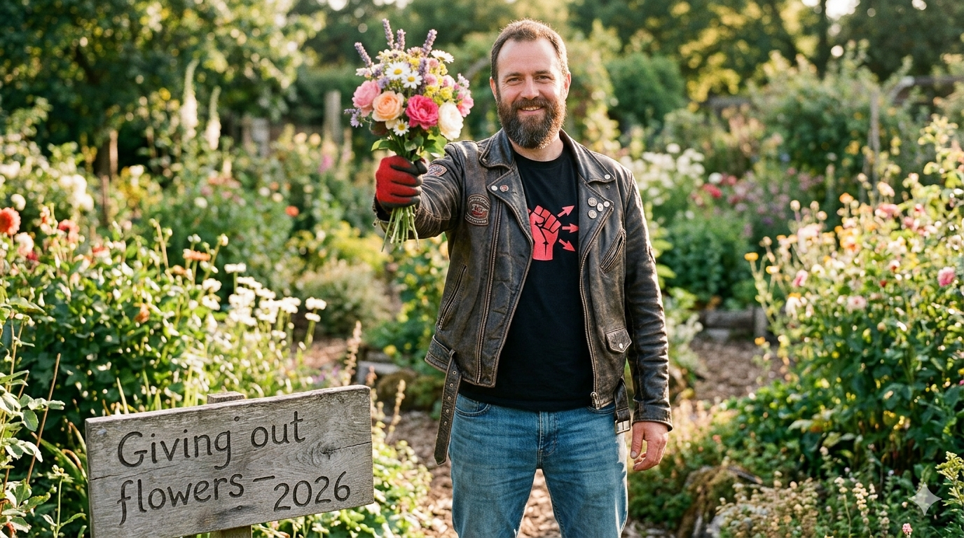 An anonymous avatar of a smiling, bearded man named AI Rob standing in a sun-dappled flower garden. He is wearing a worn brown leather motorcycle jacket and a black T-shirt featuring a stylized red fist logo with arrows pointing outward. His right hand, covered in a red glove, is extended forward toward the camera, holding out a colorful bouquet of fresh flowers. In the bottom left foreground, a small, rustic wooden sign reads "Giving out flowers – 2026".