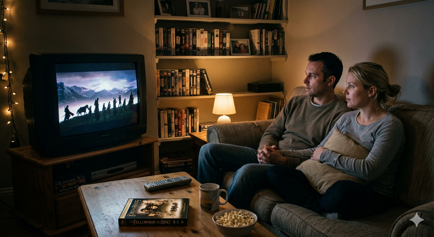 A nostalgic 2002 photograph of a young couple on a sofa, fully engulfed by the glow of a CRT television playing the Fellowship silhouetted against the mountains in 'The Fellowship of the Ring.' A 'Lord of the Rings' DVD case and popcorn sit on the coffee table.