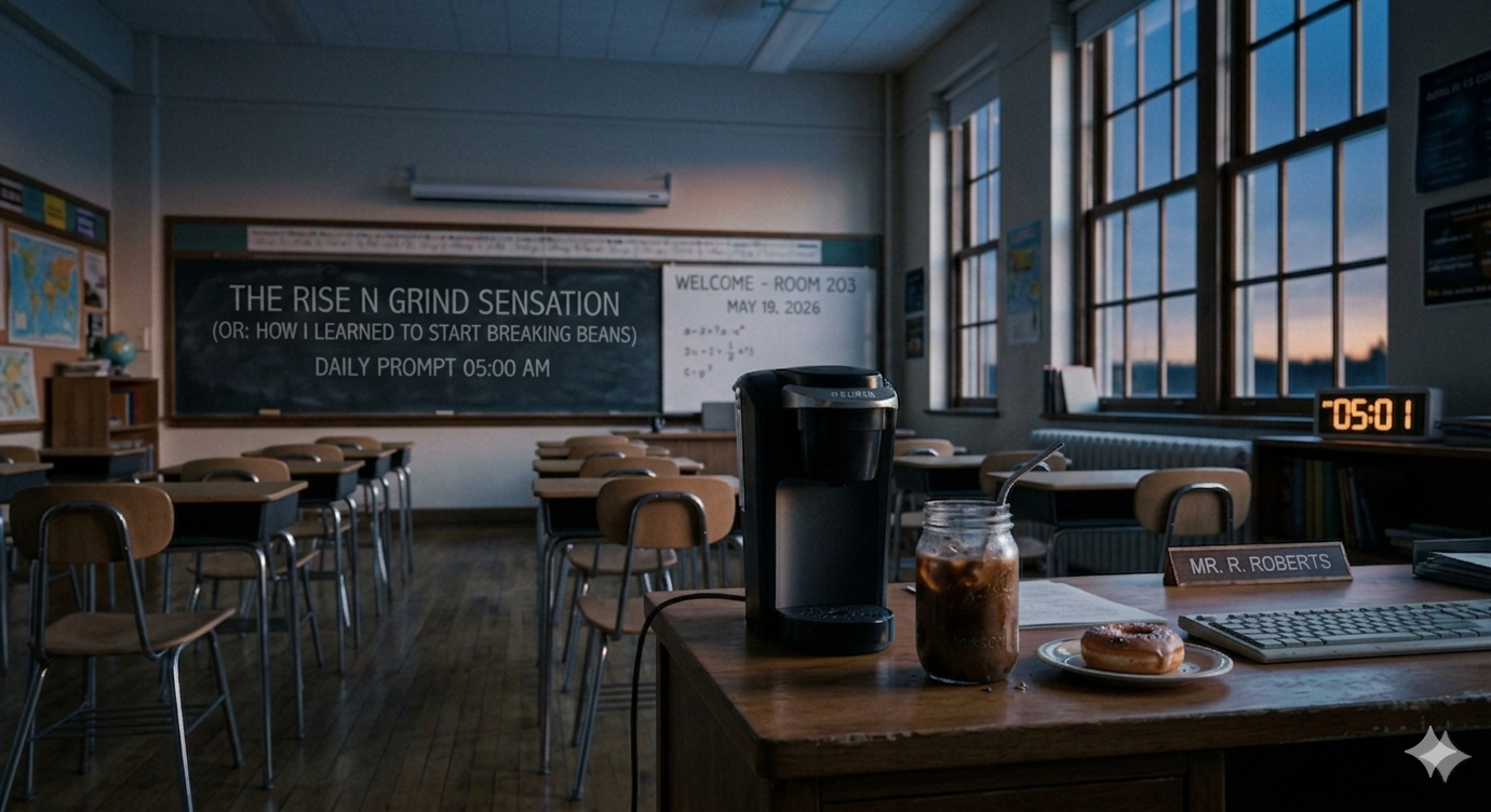 A photograph of a quiet high school teacher's desk at dawn. A chalkboard in the background clearly displays the text 'THE RISE N GRIND SENSATION (OR: HOW I LEARNED TO START BREAKING BEANS) DAILY PROMPT 05:00 AM.' The desk features a Keurig machine, an iced coffee in a Mason jar, and a single donut.