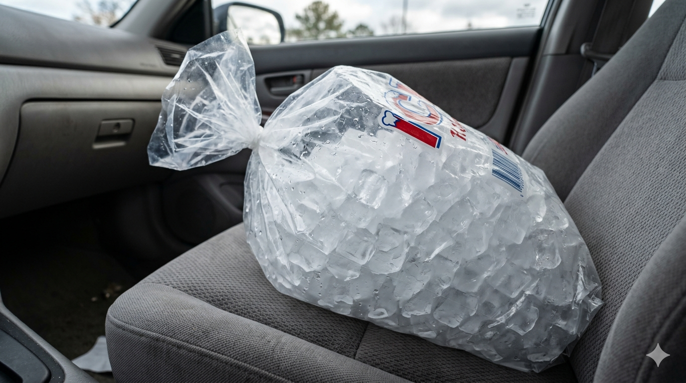 A realistic close-up shot of a single, clear plastic bag filled with ice cubes, showing glistening condensation on the surface as it rests on the dark grey, textured cloth upholstery of a car seat. The lighting is soft morning daylight, highlighting the cold texture of the ice. The background of the car interior is present but softly blurred.