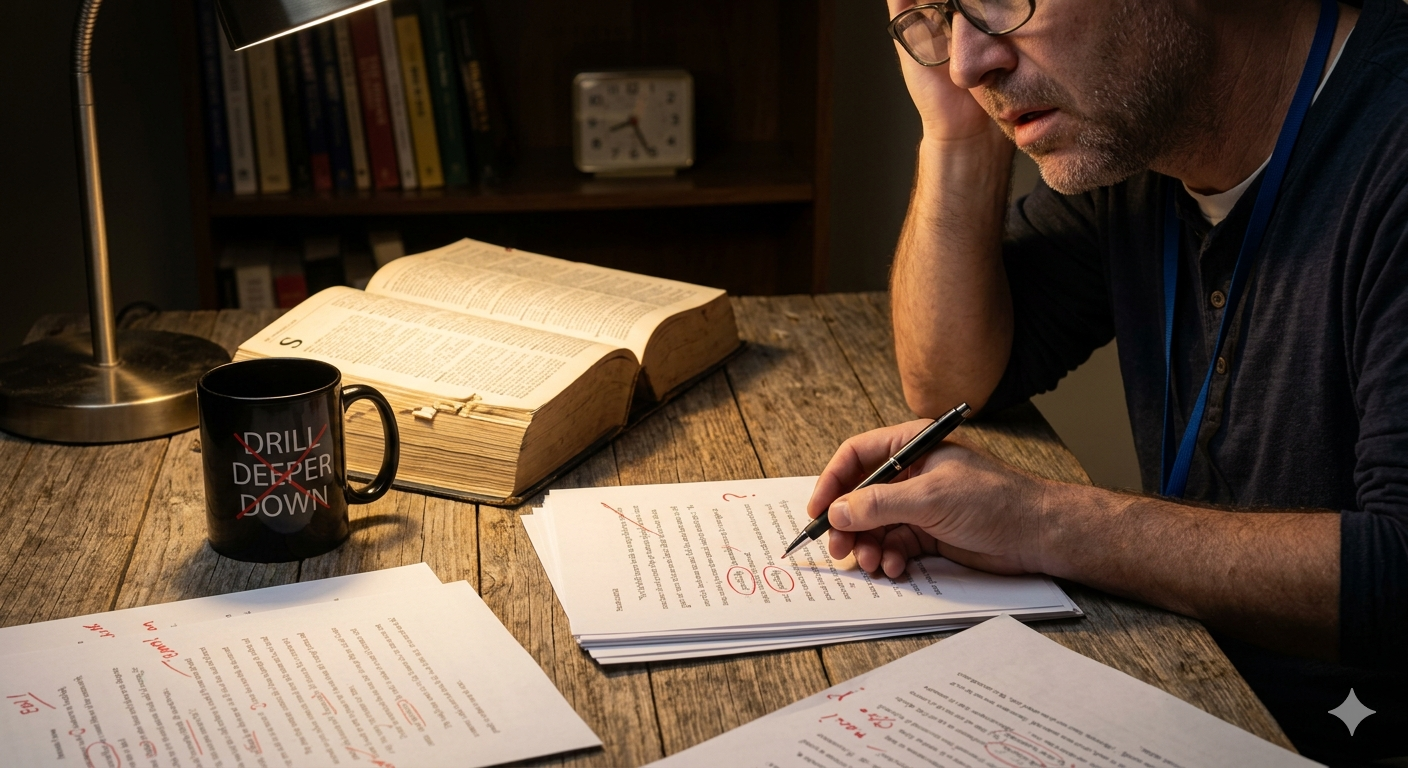 A weary English teacher sighs late at night at a cluttered wooden desk, marking an essay with red ink corrections. He holds a pen over the circled word 'pacifically.' A coffee mug next to him shows the crossed-out jargon phrase 'Drill Deeper Down'.