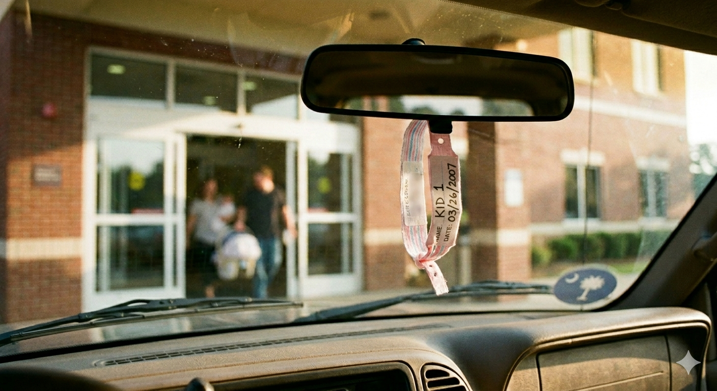 A first-person view from inside a car parked outside a hospital exit. Warm morning sunlight streams through the windshield, illuminating a small, pink-and-blue striped newborn hospital bracelet hanging gently from the rearview mirror. The background shows the blurred glass doors of the hospital entrance, capturing a qu