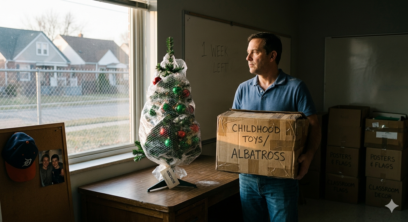 A reflective teacher stands in a partially packed classroom with sunset light, holding a cardboard box of childhood toys labeled 'Albatross'. He is next to a small artificial Christmas tree marked 'Anchor', while other packed boxes and a whiteboard with '1 week left!' are in the background.