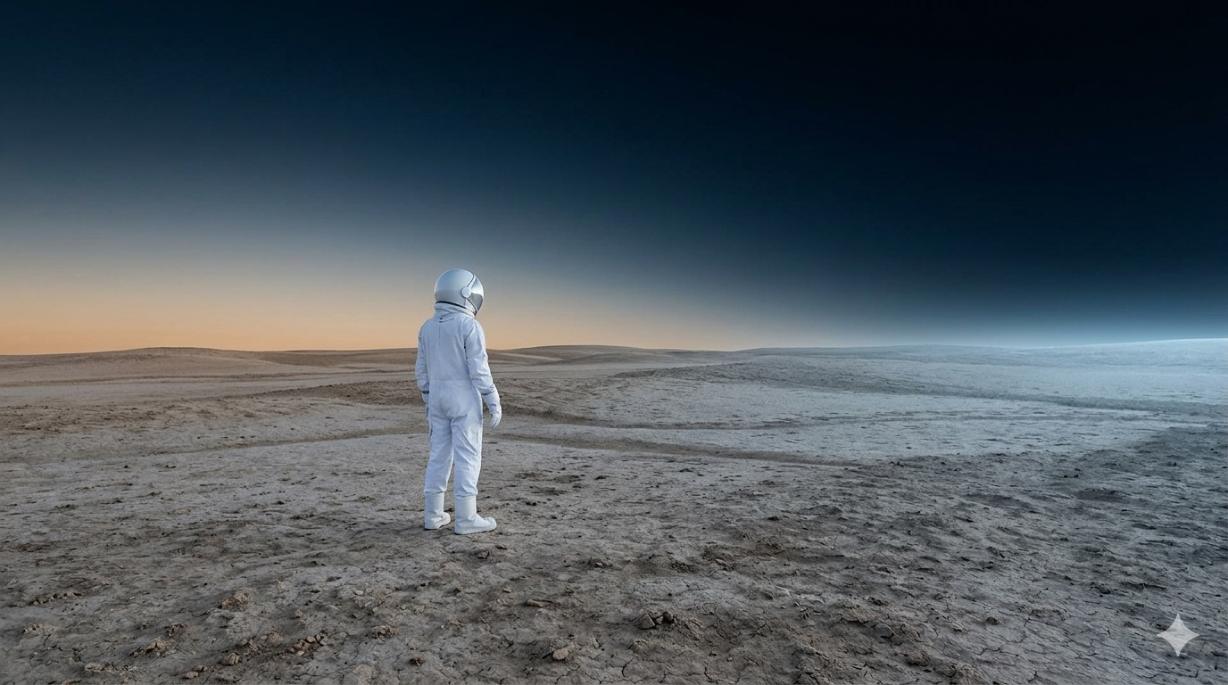 A minimalist, high-contrast graphic of a lone astronaut standing on an open, arid landscape, representing the transition between past milestones and future potential."