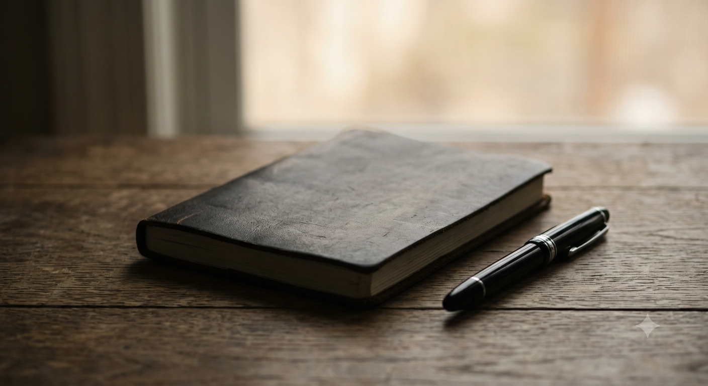 A close-up, top-down view of a closed journal and a fountain pen on a wooden desk. The lighting is soft and moody, emphasizing a space for reflection and documenting the process of moving forward.