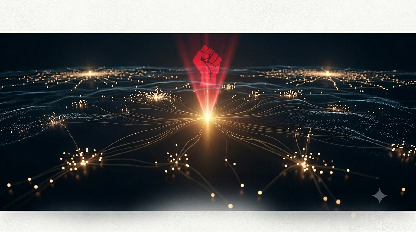 A wide, panoramic photograph of a complex, dark digital network of interconnected pulsing warm golden light points spreading across a dark field. In the center, a powerful, upward-projecting beam of light, designed like a projector's focused signal, clearly displays the crimson-red symbol of the red fist (as seen in image_1.png and image_2.png). This projected red fist is the bright, defining central node, like a beacon signal projected high above the network. The rest of the intricate golden web radiates outwards from this central, powerful red signal, showing a vast, interconnected community defined by this central brand identity