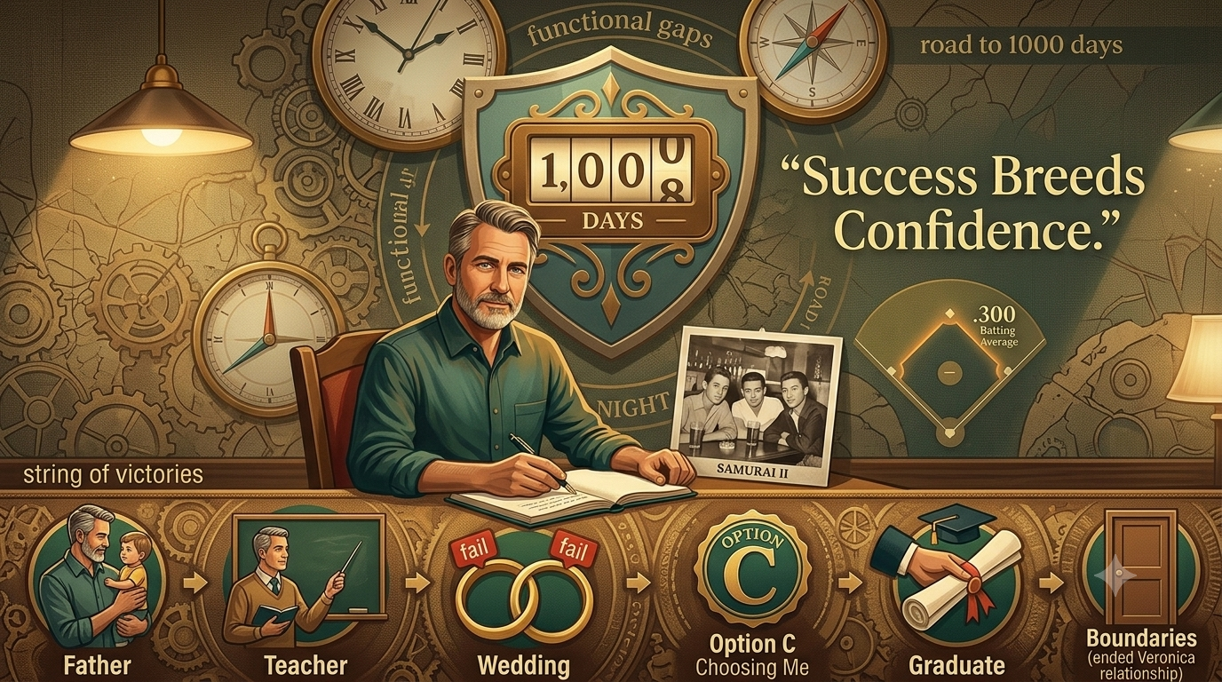 A stylized, wide-aspect-ratio illustrative mural celebrating a writer's journey of rebuilding self-confidence. A man in his 50s with a gray beard writes in a journal at a desk, flanked by symbolic icons representing his personal evolution. Features include a prominent commemorative shield marked '1,008 Consecutive Posts' above an odometer displaying '1,008 Days', the quote 'Success Breeds Confidence.', and a horizontal 'String of Victories' frieze featuring badges for 'Father,' 'Teacher,' 'Option C / Choosing Me' (with learned relationship lessons), 'Graduation,' and a 'Boundary Door.' Background elements incorporate maps, clocks, compasses, and the text '.300 Batting Average,' all woven into a warm, tapestry-like design.