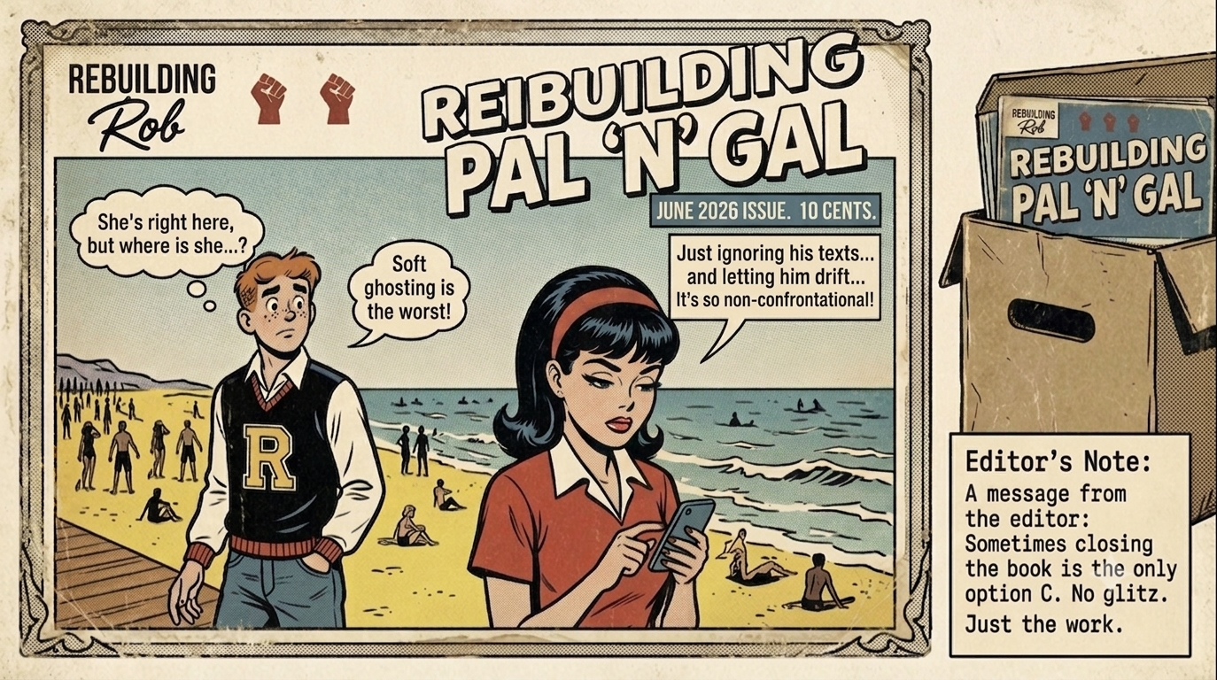 A wide, vintage comic book cover illustration titled 'REBUILDING PAL 'N' GAL,' set within an ornate, aged border. The scene features a confused, ginger-haired boy in a varsity sweater and a dark-haired girl with a red headband. The girl ignores the boy, typing on a modern smartphone. Their comic thought bubbles express frustration with 'soft ghosting' and digital avoidance. To the right, a cardboard box holds a corrected 'back issue' of the same comic, next to an 'Editor’s Note' text box that reads: 'Sometimes closing the book is the only option C left. No glitz. Just the work.